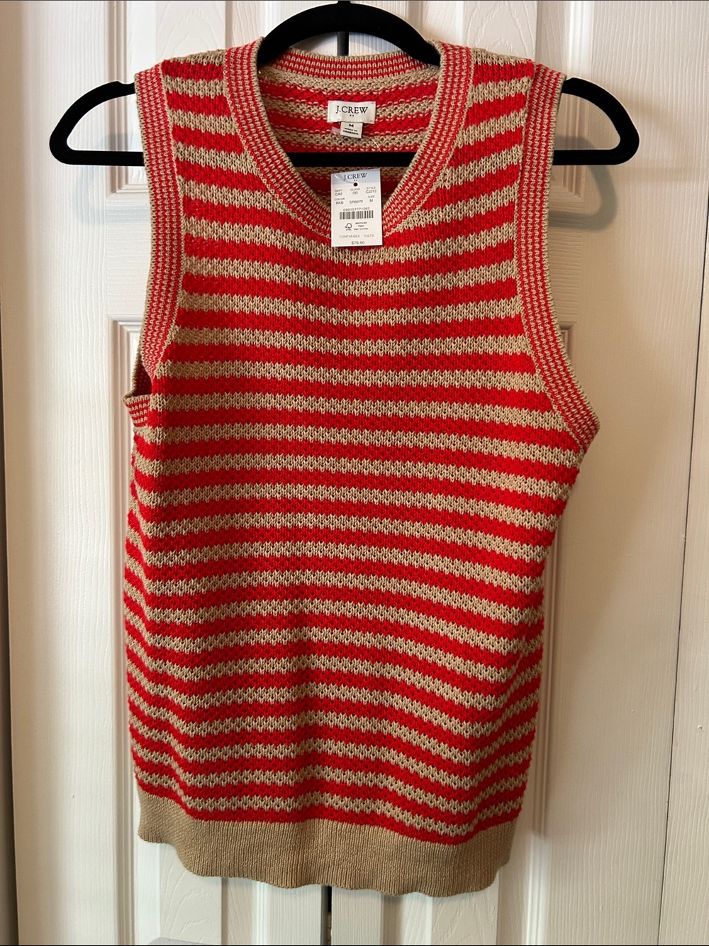 NWT J. Crew Factory Striped Red and Tan Crochet Sweater Sz M